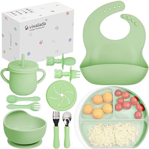 Silicone Baby Feeding Set - Baby Led Weaning Supplies, Baby Suction Plate with Lid and Bowl, Toddler Self Feeding Spoons Forks Sippy Cup Adjustable Bib, Baby Utensils for 6-12 Months (Green)