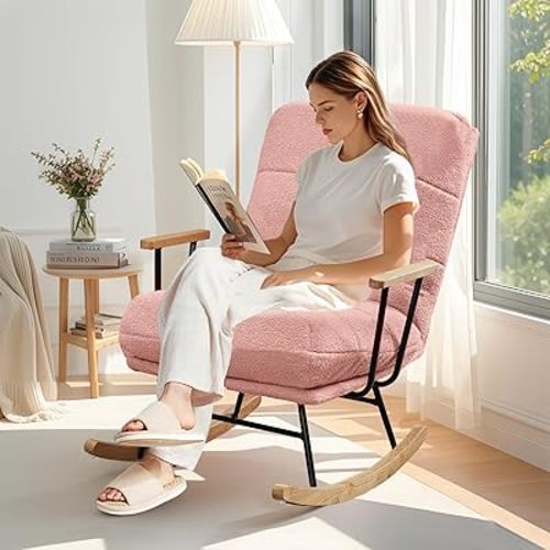 VECELO Rocking Chair Nursery, Upholstered Teddy Fabric Modern Large Size Glider Rocker with High Backrest for Living Room & Bedroom, Pink