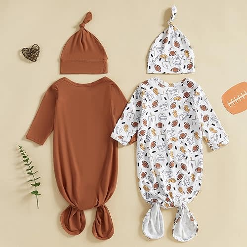 woshilaocai 2 Pack Baby Boy Girl Gown Sleeper Newborn Knotted Nightgown and Hat Set Infant Sleepwear