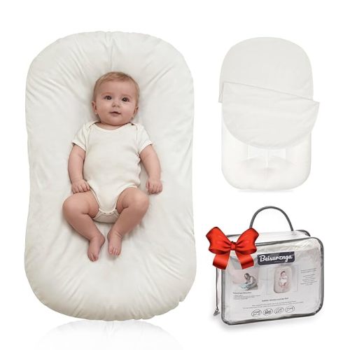 Baby Lounger for Newborn - Snuggle Cozy Me Lounger | Breathable Soft Cotton, 0-24 Months Portable Playtime Baby Nest, Newborn Baby Essentials Gifts- White (1 Lounger + 1 Cover)