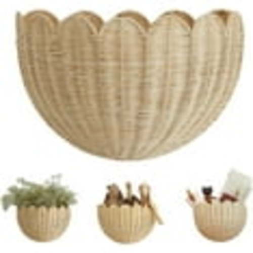 Scalloped Wall Basket,Handmade Woven Wicker Hanging Basket with Metal Frame for Wall Storage & Home Decor in Bathroom, Kitchen, Living Room (16"x7"x10"(2pcs))