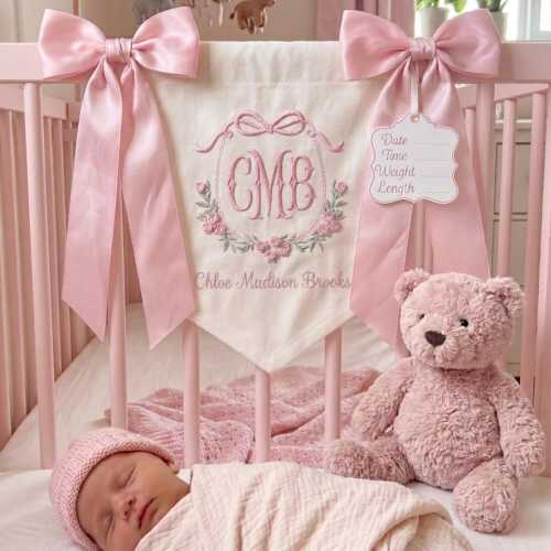 Embroidered Monogram Baby Banner, Personalized Nursery Decor, Hospital Door Sign