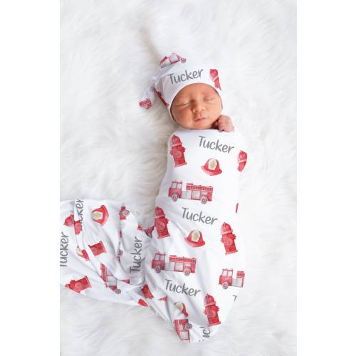 Personalized Firetruck Swaddle set- Custom Firefighter Blanket Hat Set - Baby Shower Gift for Firefighter -Hospital Name Announcement -SW109