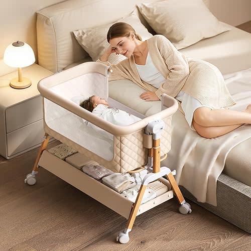 3 in 1 Baby Bassinet Bedside Sleeper,Bedside/Rocking Bassinet for Baby with Waterproof Comfy Mattress and Lockable Wheels,7 Adjustable Height, Easy Folding Portable Crib for Newborn-Khaki