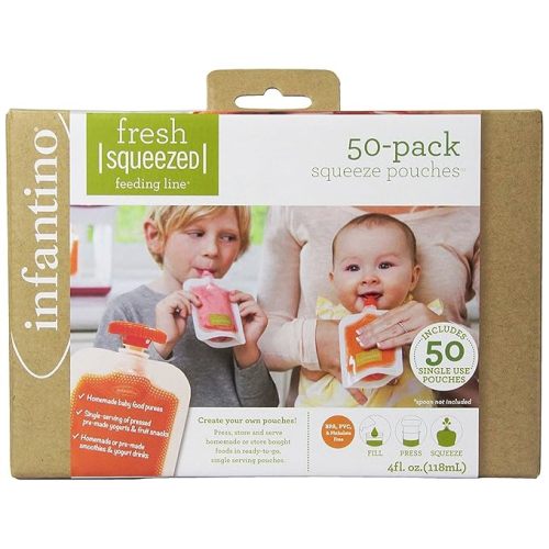 Infantino Disposable Squeeze Pouches, Plastic (50 Squeeze Pouches Pack) | 4 Fl Oz | Homemade Semi-Solid Food for Babies and Toddlers | Portable