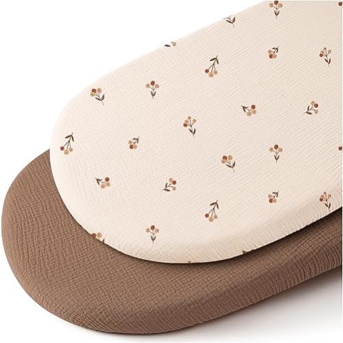 Konssy Muslin Bassinet Sheets for Baby Girl Boy, 2 Pack Soft Breathable Baby Bassinet Mattress Sheets Fit for Hourglass Oval Cradle, Moses Basket Rectangle Mattress (Brown,Berry)