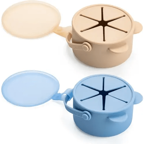 Silicone No Spill Snack Cups for Toddlers – Portable Baby Snack Cup Containers with Dustproof Lid – Dishwasher-Friendly Toddler Spill Proof Cups Without BPA, Lead, or Phthalates – Blue and Beige