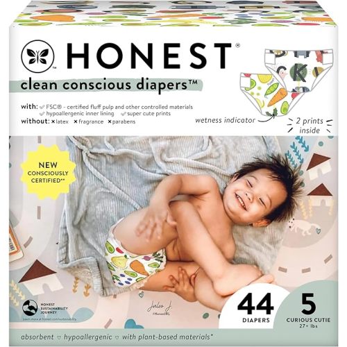 The Honest Company Clean Conscious Diapers for Sensitive Skin | Hypoallergenic, Fragrance Free | Gender Neutral Prints | Club Box, Size 5 (27+ lbs), 44 Count