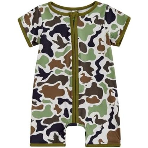Newborn Baby Boy Hunting Clothes Duck Camo Short Sleeve Zip Up Romper Jumspuit One-Piece Bodysuit Summer Outfit