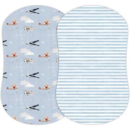 Baby Bassinet Sheets for Boy, Girl (Watercolor Airplanes and Clouds) 2-Pack - Fitted Bedside Bassinet Sheets - Buttery Soft Cotton Blend for Standard Bassinet Mattress Pad