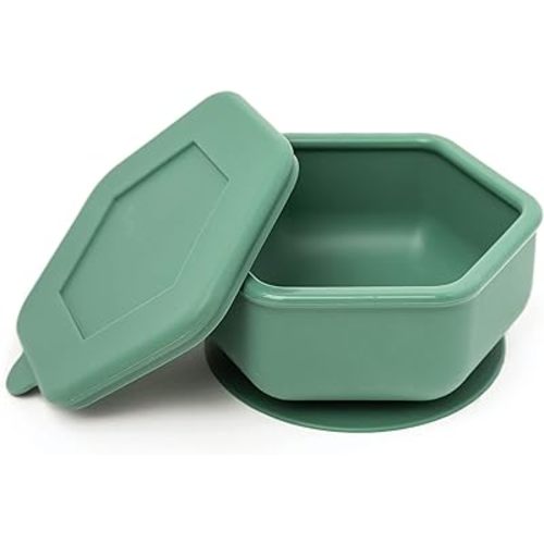 Tiny Twinkle Silicone Suction Bowl with Lid for Baby and Toddler - 100% Silicone - BPA Free - Microwave Safe - Suction Bowls For Baby, Snack Containers For Toddlers (Olive)