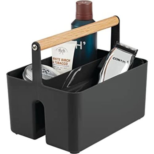 mDesign Plastic Portable Shower Caddy Divided Basket Bin Storage Organizer with Bamboo Handle for Bathroom, Dorm, Shelf & Cabinet Holds Shampoo, Conditioner - Aura Collection, Black/Natural