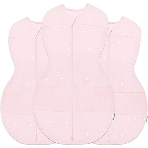 Happiest Baby Sleepea 5-Second Swaddle - 100% Organic Cotton Baby Swaddle Blanket - Doctor Designed Promotes Healthy Hip Development - 3-Pack Newborn Bundle (Rose Stars, 2 x Small, 1 x Medium)
