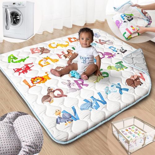 Beavtaens Baby Play Mat, 47x47 Mat with Super Soft Touch, Activity Mats with Upgraded Anti-Slip Bottom, Machine Washable Crawling Playmat for Floor & Picnic(Animal Alphabets)
