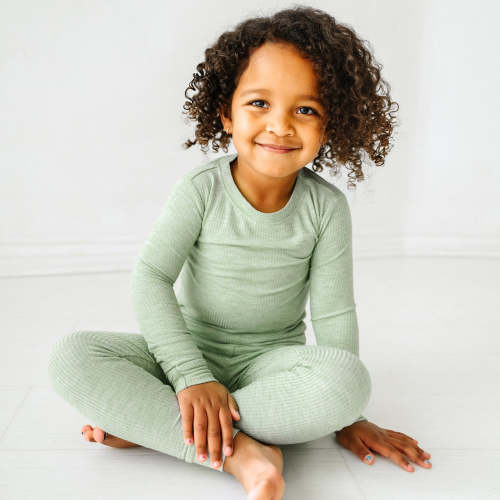 Heather Sage Ribbed Two-Piece Pajama Set - Little Sleepies