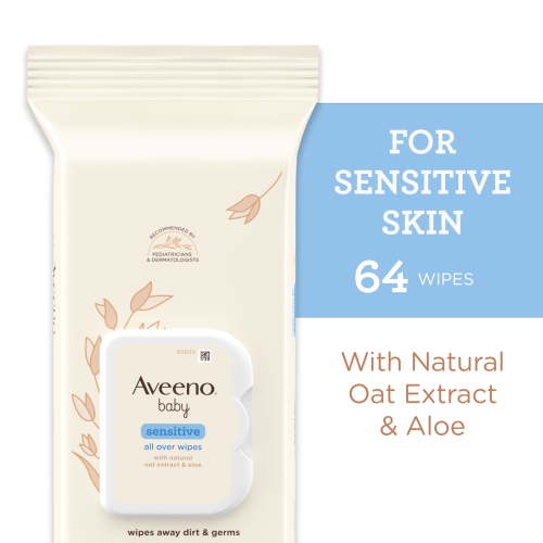 Aveeno Baby Wipes for Infant Sensitive Skin, Hypoallergenic & Unscented with Oat and Aloe, Alcohol-Free, 64 Ct