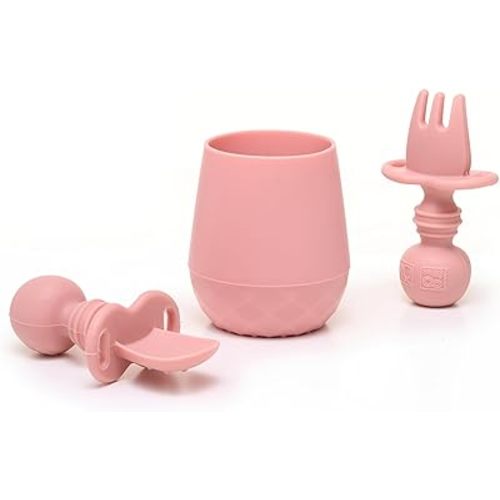 Tooshka® Baby Cup & Utensil Set – BPA-Free Self-Feeding Utensils - 3-Piece Silicone Tiny Cup & Utensils with Anti-Choke Barrier – First Stage Baby-Led Weaning (BLW) – 6+ Months – Soft & Safe – Rose