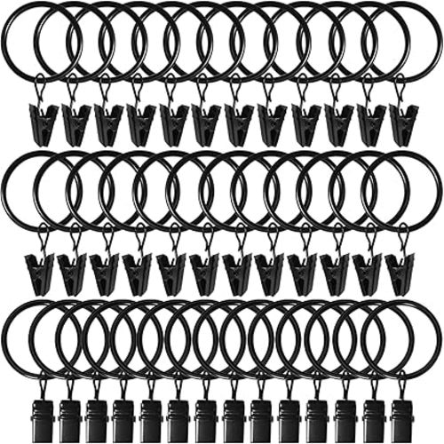 40 Pack Black Curtain Rings with Clips, Curtain Hooks Hangers Clip Rings for Hanging Drapes Bows Hat, Drapery Rings 1.26 in I D, Fits up to 1 in Diameter Curtain Rod.