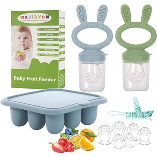 WAJIAYON Baby Breastmilk Popsicle Molds & Baby Fruit Feeder (3 Pack), Baby Food Freezer Tray Storage Containers, Silicone Teething Pacifier Feeder and Teether for Babies,Baby Feeder - Blue