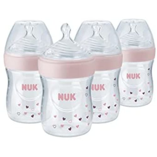 NUK Simply Natural Baby Bottle with SafeTemp, 5 oz, 4 Pack, Pink Hearts