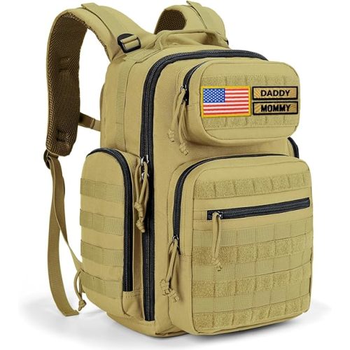 MIRACOL Military Diaper Bag for Dad - Insulated Baby Backpack with Patches for Outdoor Travel Trips - Daddy Diaper Backpack for Baby Shower Gifts Tan - 40L