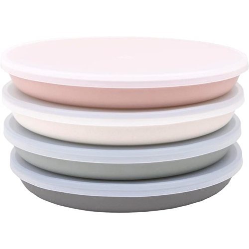 WeeSprout Bamboo, Silicone, Melamine Dishware Plate with Lids, Set of 4, Kid-Sized Design for Leftovers, Dishwasher Safe (Pink, Green, Gray, and Beige) - Pink, Green, Gray, & Beige - With Lids