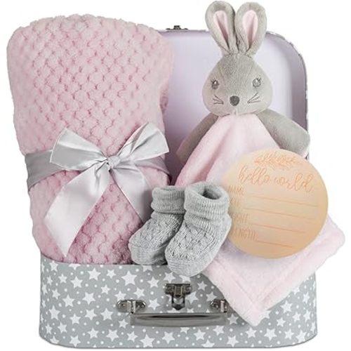 Baby Girl Gift Set New Born Baby Gift Baby Pink Bunny Security Blanket Soft Fleece, Suitcase Keepsake Box Blanket Booties & Baby Gift Basket – Unique Present Baby Shower & Newborn Lovey Welcome