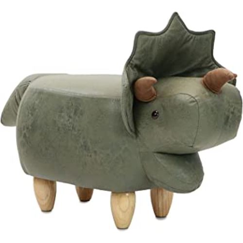 14-In. Seat Height Green Triceratops Dinosaur Animal Ottoman, Nursey Furniture for Bedroom, Playroom, and Living Room Decor, Soft Faux-Leather Cushioned Step Stool for Toddlers, Kids