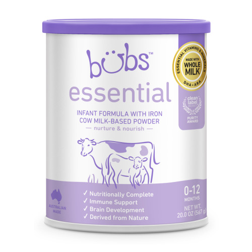 Bubs Essential Infant Formula (0-12 Months), 20 oz. Canister; 4 fl oz Bottle (32 Pack)