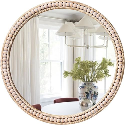 Circle Wall Mirror for Bathroom 20" Round Beaded Framed Mirror Farmhouse Wooden Mirror for Decor Decorative Vanity Mirror Rustic Hanging Mirror for Bathroom Entryway Washingroom Living Room Bedroom