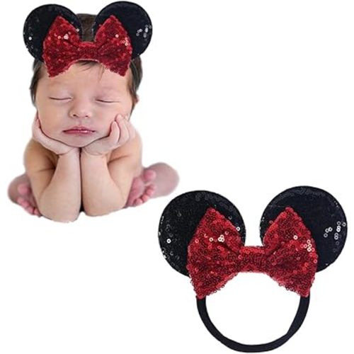Mouse Ear Nylon Headband with Sequin Bow, Soft Elastic Hair Bow Hair Band, Party Headwear for Baby Newborn Infant Toddlers, kids, Gilrs Party Supplies