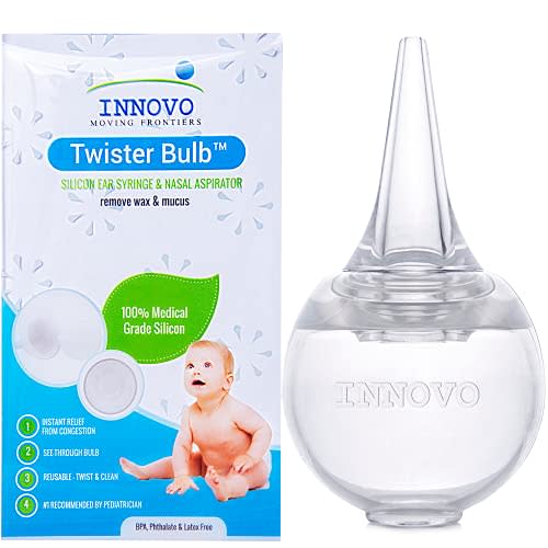 Innovo Hospital Grade Silicone Twister Bulb Baby Ear Syringe and Nasal Aspirator, Sucks Snot and Mucus, Nasal Bulb Ear Syringe, Cleanable and Reusable Clear White