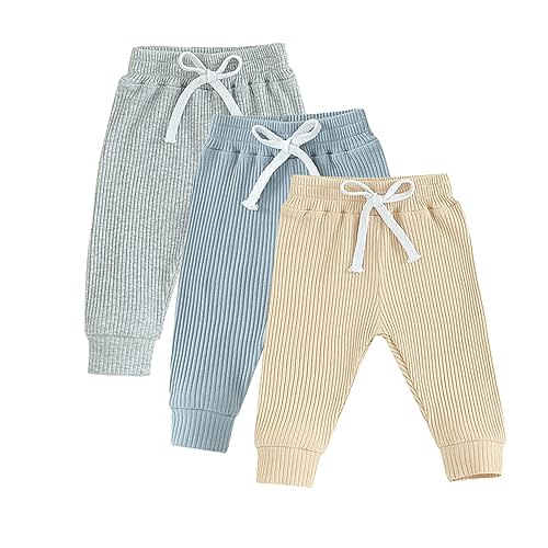 Pivanzore Toddler Baby Boys Girls Sweatpants 3 Pack Solid Color Elastic Waist Bottom Pants Newborn Infant Trousers