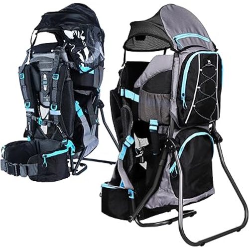 Hiking Baby Carrier – Lightweight Child Carrier Backpack with Sun Shade & Rain Cover – Insulated Storage – Padded Comfort – Adjustable Fit & Safety Harness - Black/Blue