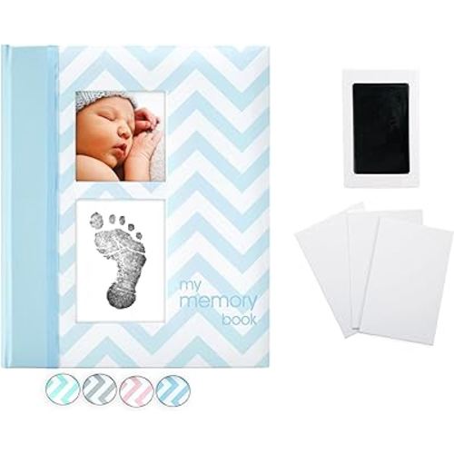 Pearhead First 5 Years Chevron Baby Memory Book with Clean-Touch Baby Safe Ink Pad to Make Baby's Handprint or Footprint Included, Newborn Milestone and Pregnancy Journal, Blue