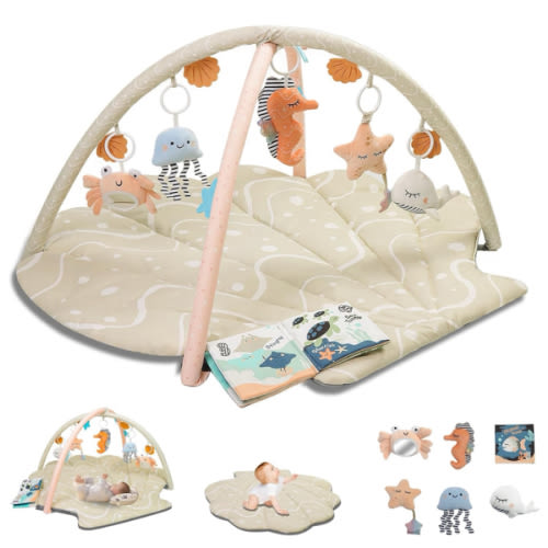 Baby Play Mat, Oversize Shell Tummy Time Mat with 6 Detachable Baby Activity Toys, Baby Gyms & Playmats for Babies 0-6 Months, Baby Mat for Floor Newborn Baby Shower Gifts (Beige)