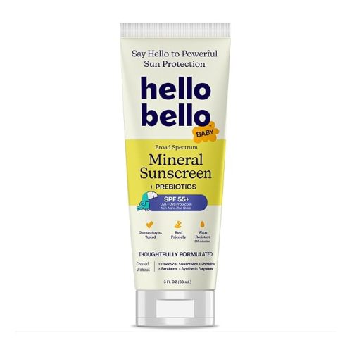 Hello Bello Mineral SPF 55 Sunscreen Lotion with Prebiotics, Water Resistant and Reef Friendly Sun Protection for Babies and Kids, 3 fl oz (Pack of 1)