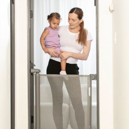 Retractable Baby Gate Gray For Stair And Doorway, 33" Tall Extends Up To 55" Easy-to-install Gray Retractable Mesh Baby Gate, Hardware Mounting Kit