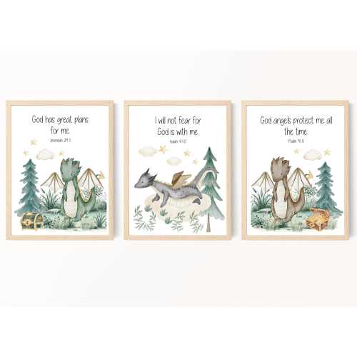 Dragon Nursery, Kids Bible Verse Wall Art, Scripture Prints for Kid, Christian Gift, Sunday School, Toddler Boy Wall Art, Set of 3 Printable