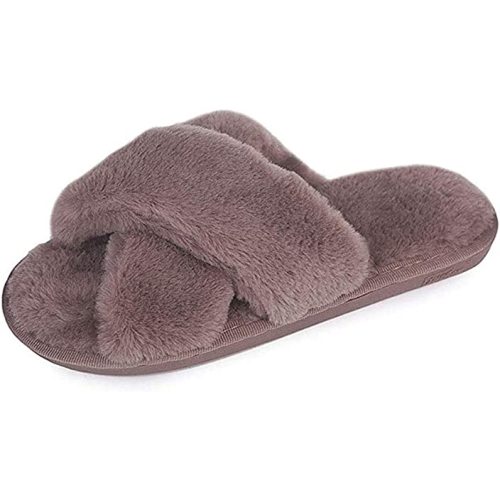9-10 Women, Coffee, HUMIWA Womens Faux Fur Slippers Warm Fussy Flip Flop House Slippers Open Toe Home Slippers