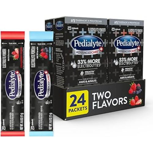 Pedialyte AdvancedCare Plus Electrolyte Powder Packs with 33% more electrolytes and PreActiv Prebiotics, Strawberry Freeze & Berry Frost, 24 Count