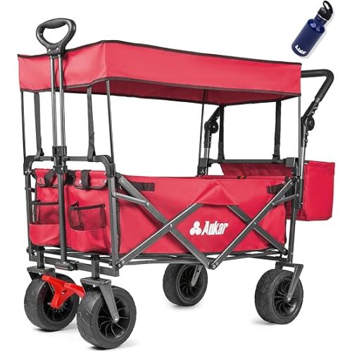 Collapsible Canopy Wagon - Heavy Duty Utility Outdoor Garden Cart - with Adjustable Handles , for Shopping, Picnic, Camping, Sports - Red