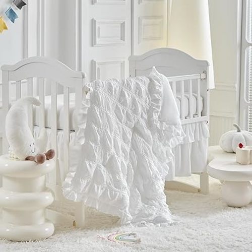 Ruffled Crib Bedding Set Baby Boho Quilted Comforter with Fitted Sheet and Bed Skirt - Cute Soft Breathable Seersucker Ruffled Shabby Chic Bedding Soft Blanket Design - White