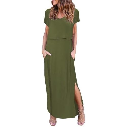 Ekouaer Women's Nursing Dress Summer V Neck Short Sleeve Maternity Split Long Dresses for Breastfeeding with Pockets S-XXL