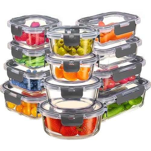 FineDine 24 Piece Glass Storage Containers with Lids - Airtight, Leak Proof, Dishwasher Safe, Glass Tupper Ware Sets with Lids, Food Storage Containers, Meal Prep Containers, Gray