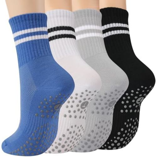 Toes Home Pilates Socks for Women with Non Slip Grippers, Yoga Crew Socks for Barre Hospital Sticky Slipper Socks 4 Pairs