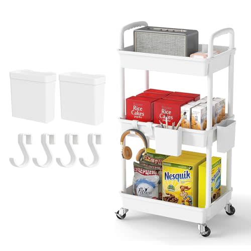 3 Tier Rolling Utility Cart with Handle,REBECAT Utility Cart Made of Multifunctional Storage Organizer Tool for Kitchen,Bathroom,Living Room,Office(White)