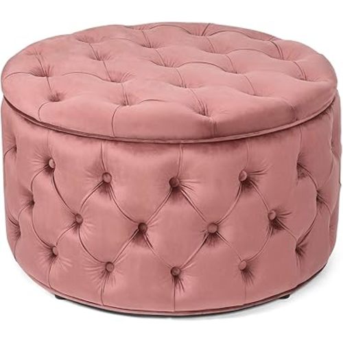 Joveco Round Storage Ottoman, Button Tufted Upholstered Ottoman with Removable Top, Storage Bench Coffee Table Footrest Stool for Living Room Bedroom Entryway (Pink)