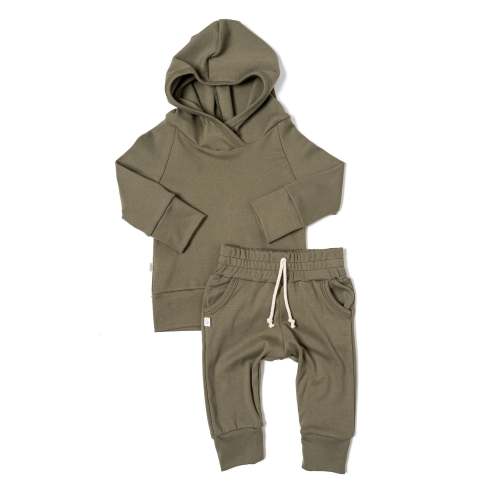 rib knit hoodie set - olive