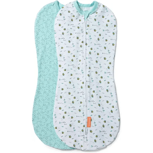 SwaddleMe by Ingenuity Compression Swaddle Pod, Two-Way Zipper for Easy Changes, Improves Sleep & Calms Startle Reflex, 0-2 Months, 2-Pack - Little Bees